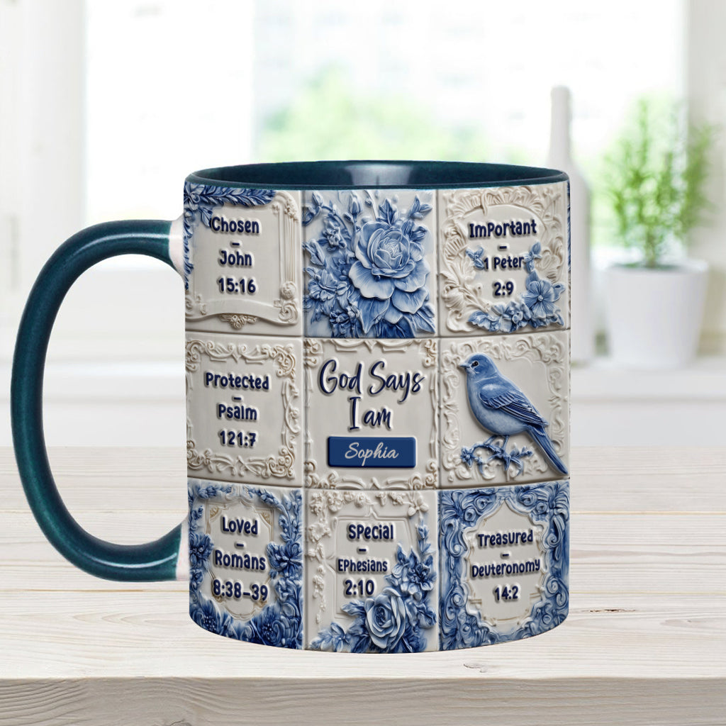 Mug chrétien personnalisé « Dieu dit que je suis » à motif Toile de Jouy