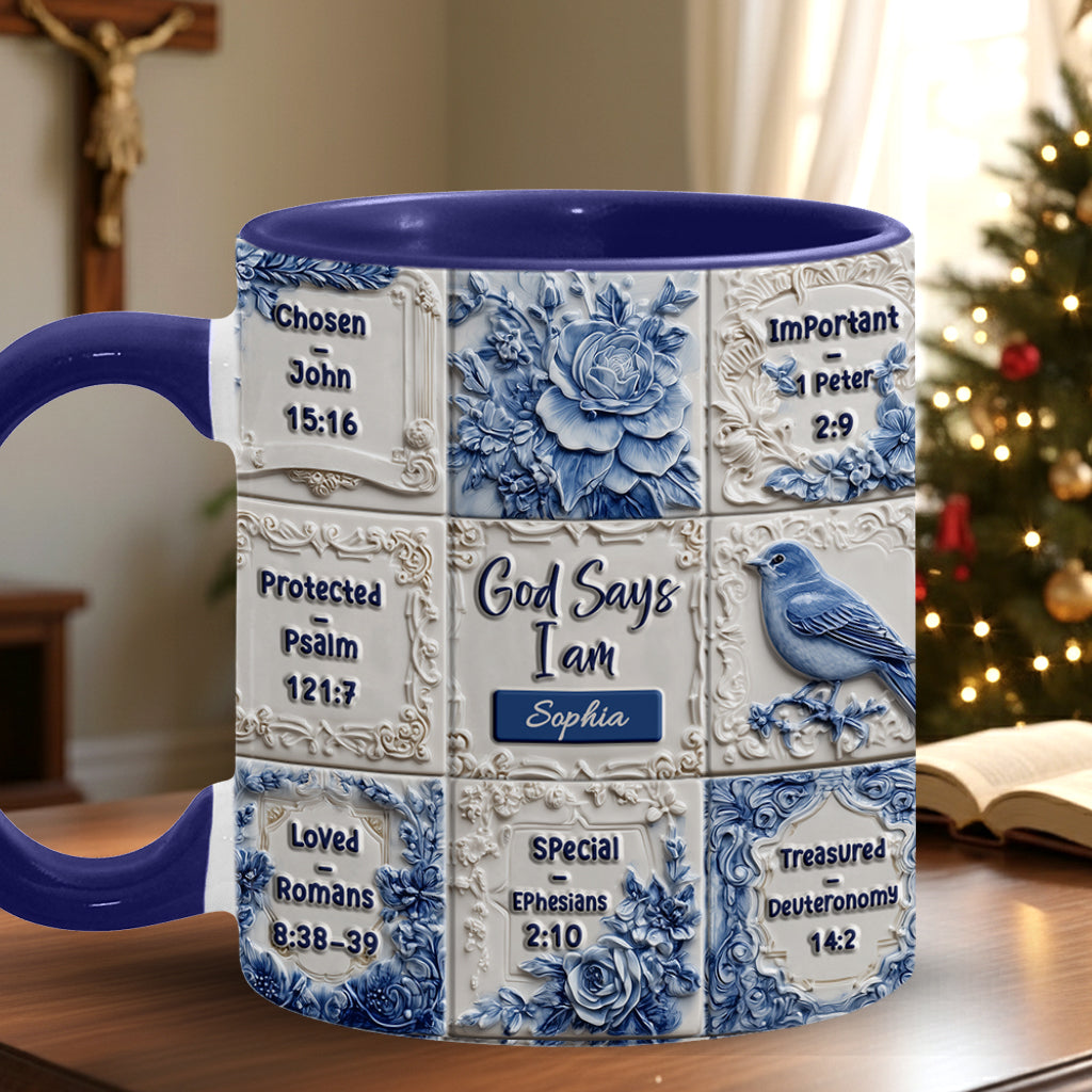 Mug chrétien personnalisé « Dieu dit que je suis » à motif Toile de Jouy