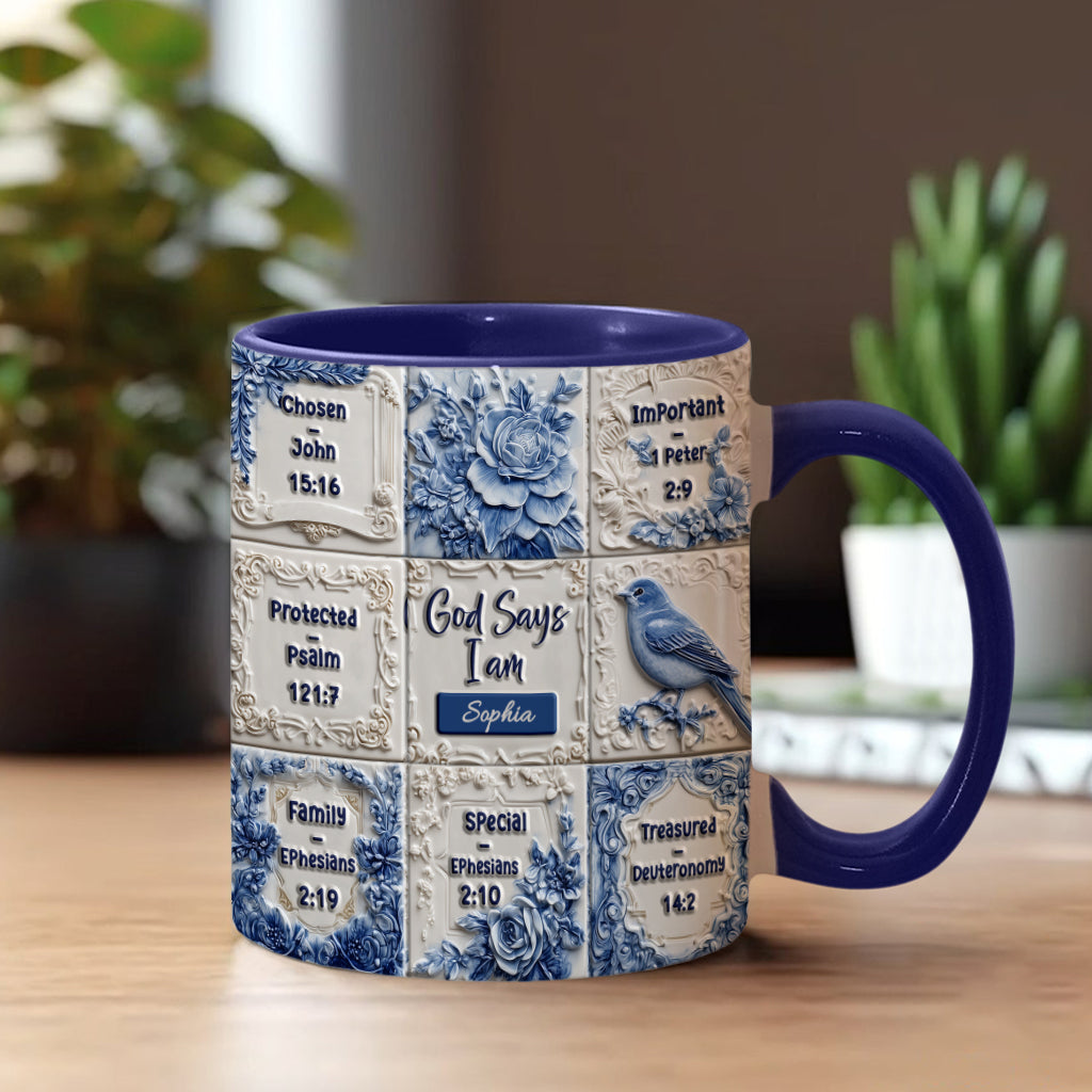 Mug chrétien personnalisé « Dieu dit que je suis » à motif Toile de Jouy