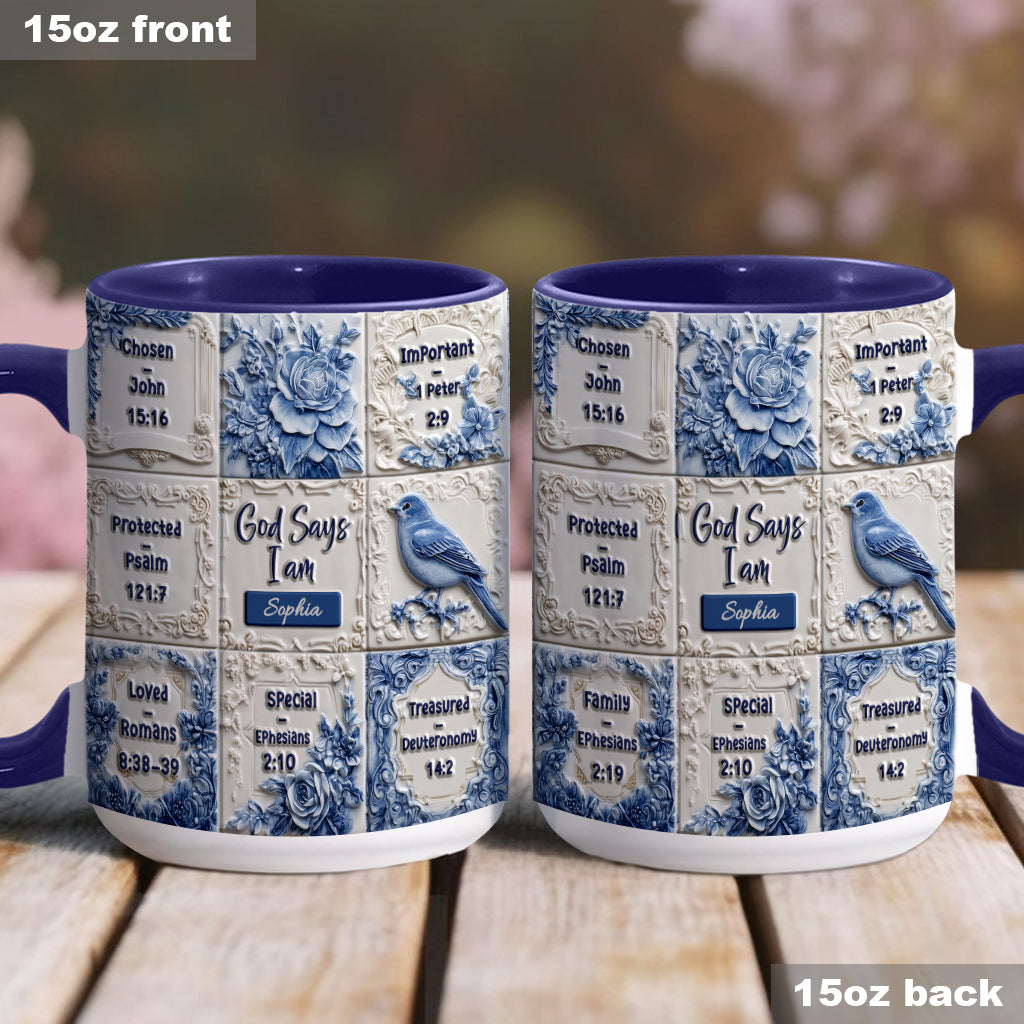 Mug chrétien personnalisé « Dieu dit que je suis » à motif Toile de Jouy