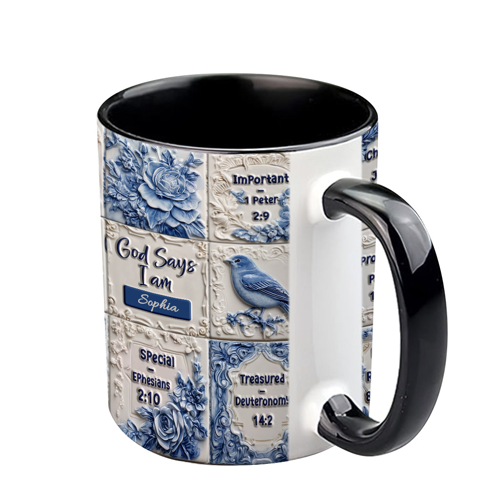 Mug chrétien personnalisé « Dieu dit que je suis » à motif Toile de Jouy