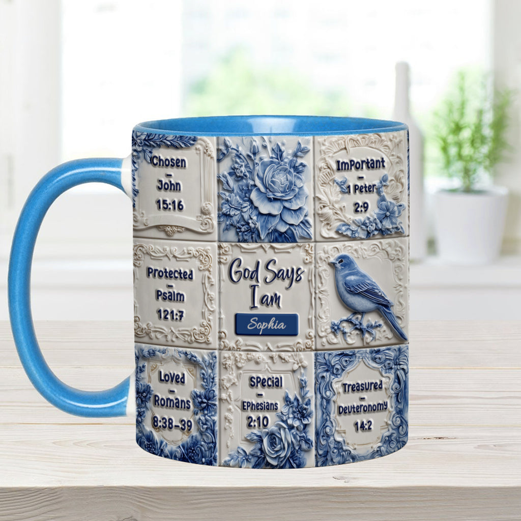Mug chrétien personnalisé « Dieu dit que je suis » à motif Toile de Jouy