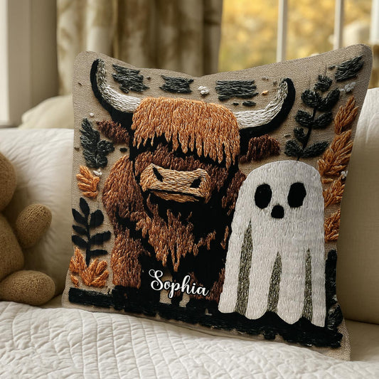 Spooky Highland Cow Ghost - Personalized Highland Cow Throw Pillow