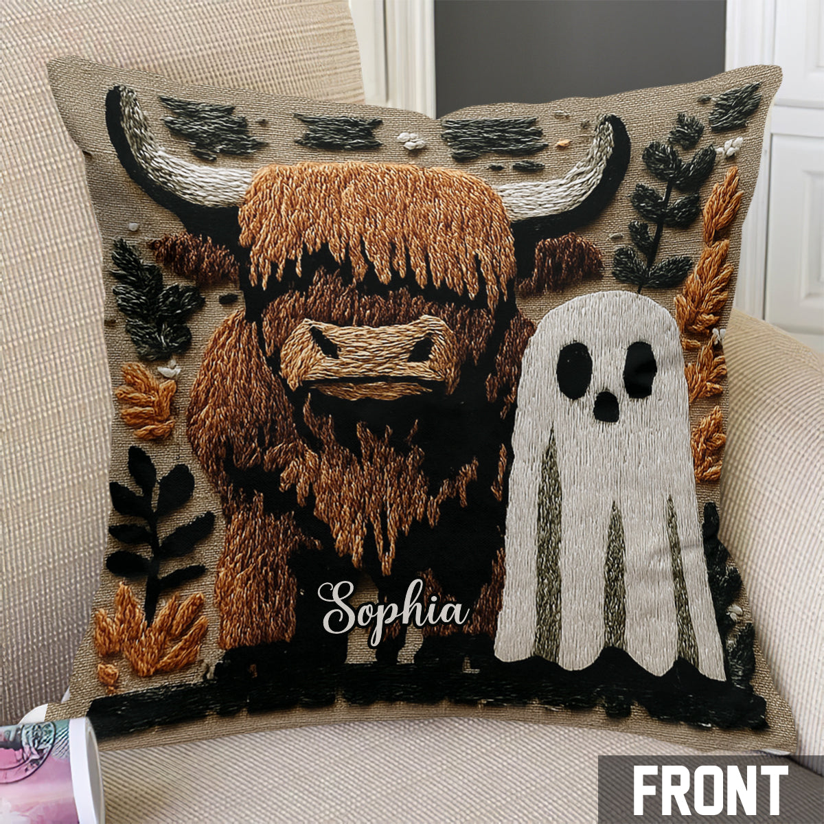 Spooky Highland Cow Ghost - Personalized Highland Cow Throw Pillow