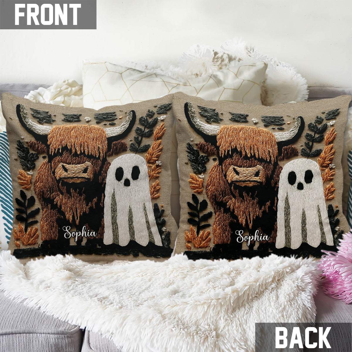 Spooky Highland Cow Ghost - Personalized Highland Cow Throw Pillow