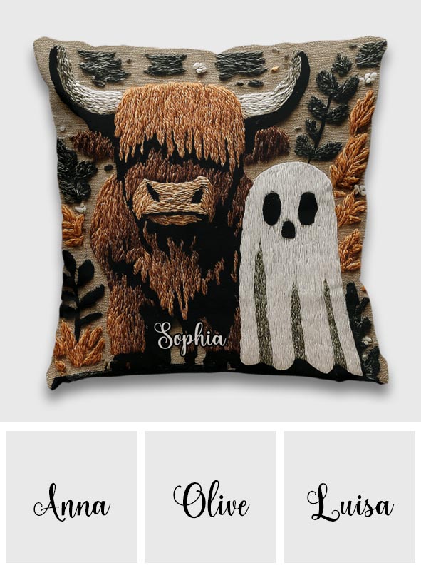 Spooky Highland Cow Ghost - Personalized Highland Cow Throw Pillow