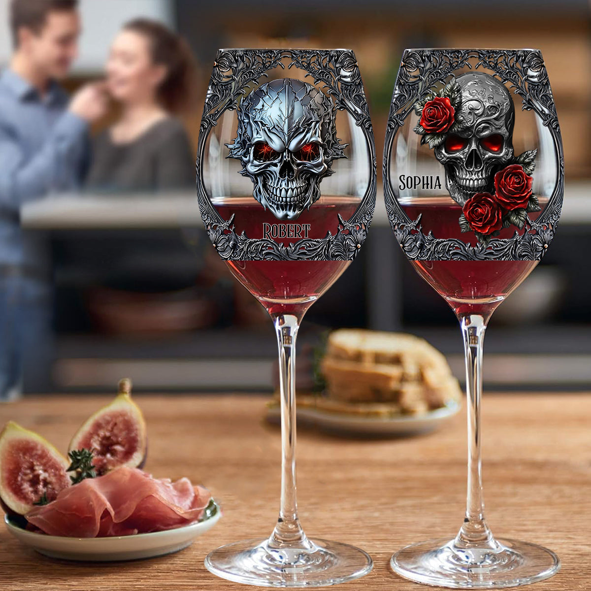 Hello Darkness - Cadeau pour couple - Verre à vin personnalisé en forme de crâne avec longue tige