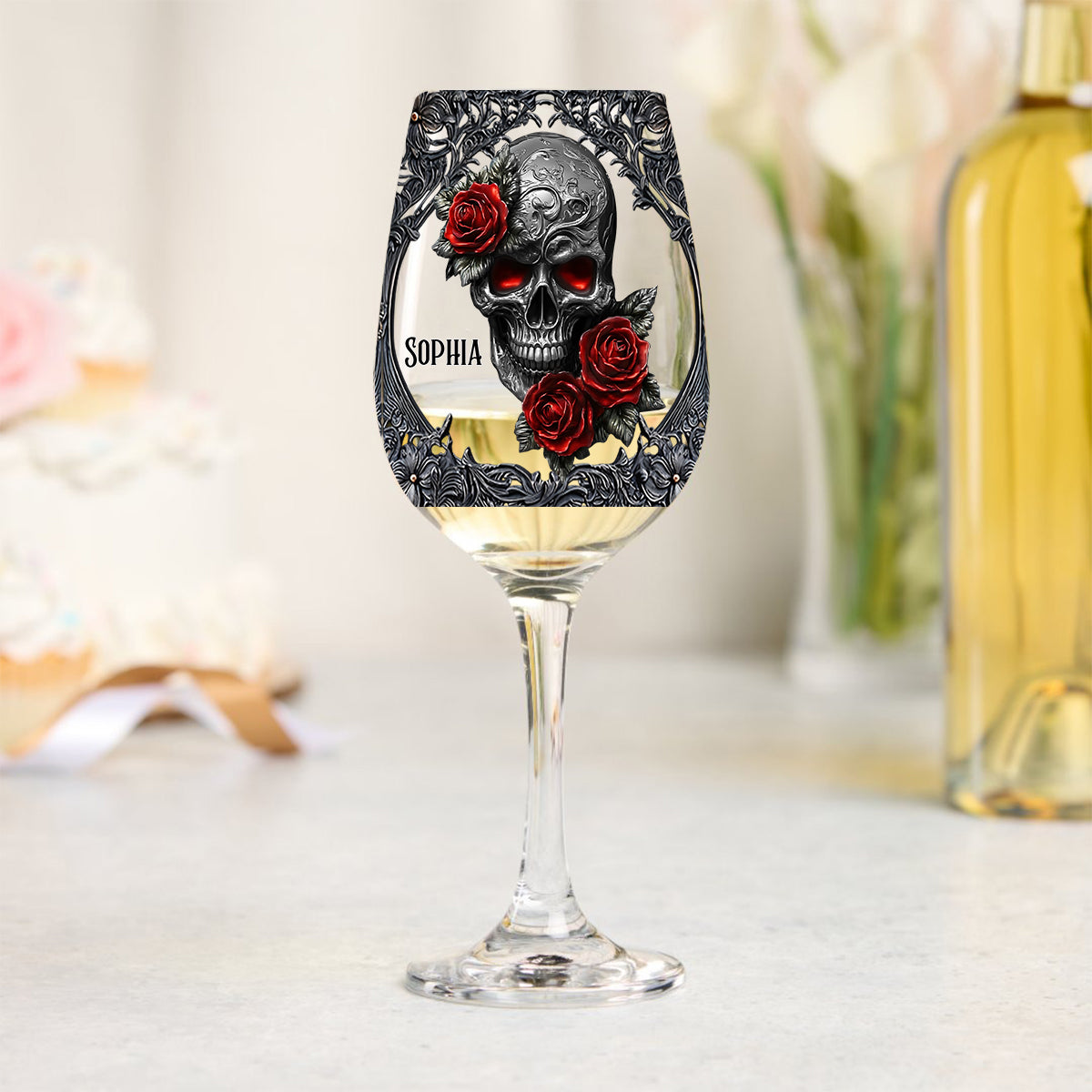 Hello Darkness - Cadeau pour couple - Verre à vin personnalisé en forme de crâne avec longue tige