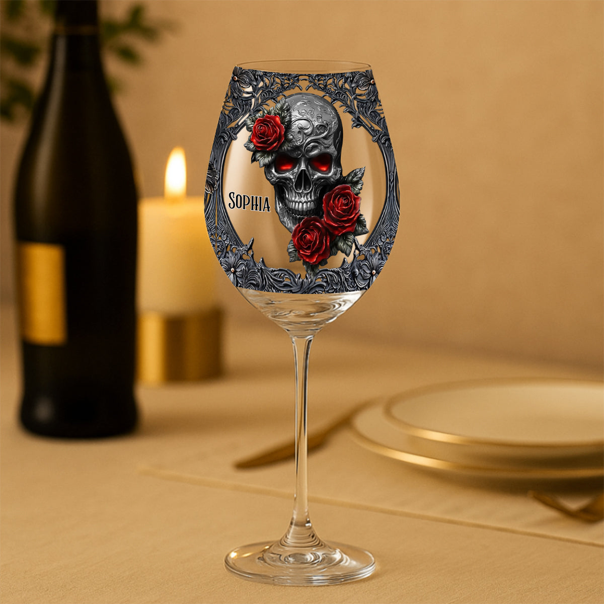Hello Darkness - Cadeau pour couple - Verre à vin personnalisé en forme de crâne avec longue tige