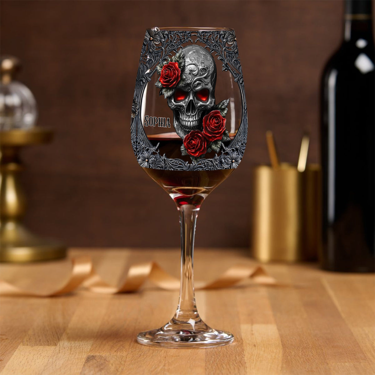 Hello Darkness - Cadeau pour couple - Verre à vin personnalisé en forme de crâne avec longue tige