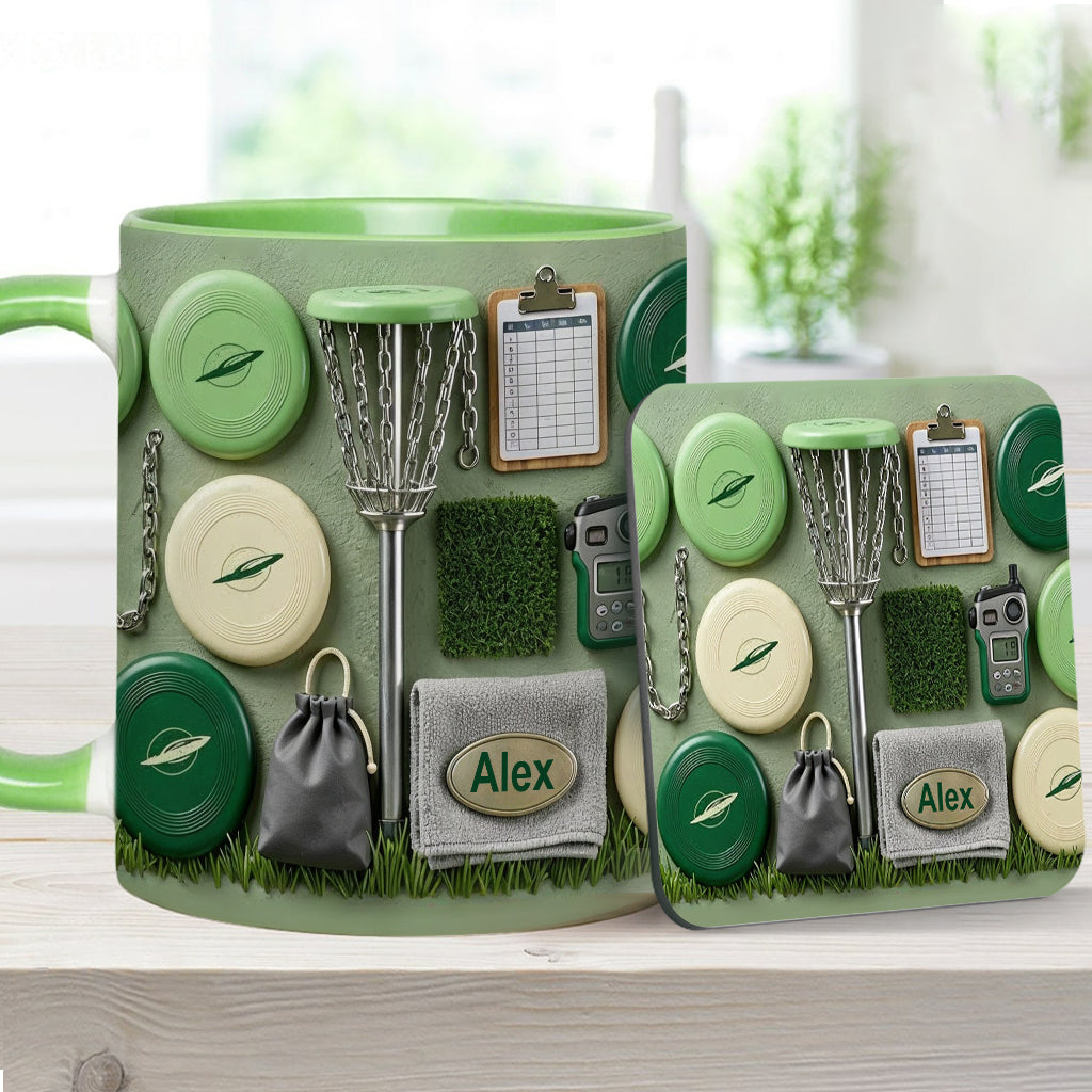 J'adore le disc golf ! Mug et sous-verre personnalisés sur le thème du disc golf