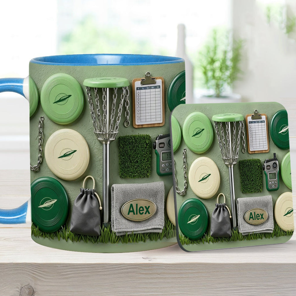 J'adore le disc golf ! Mug et sous-verre personnalisés sur le thème du disc golf