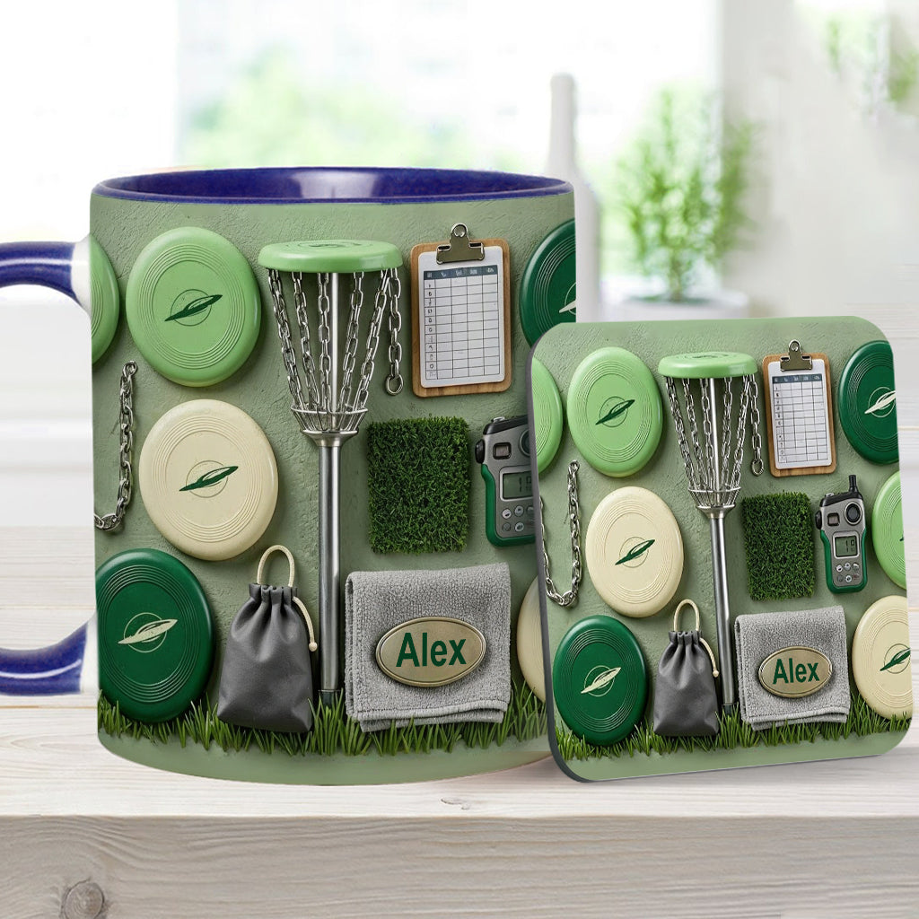 J'adore le disc golf ! Mug et sous-verre personnalisés sur le thème du disc golf