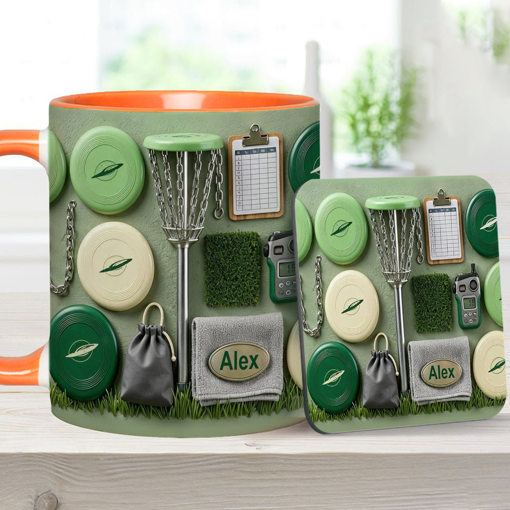 J'adore le disc golf ! Mug et sous-verre personnalisés sur le thème du disc golf