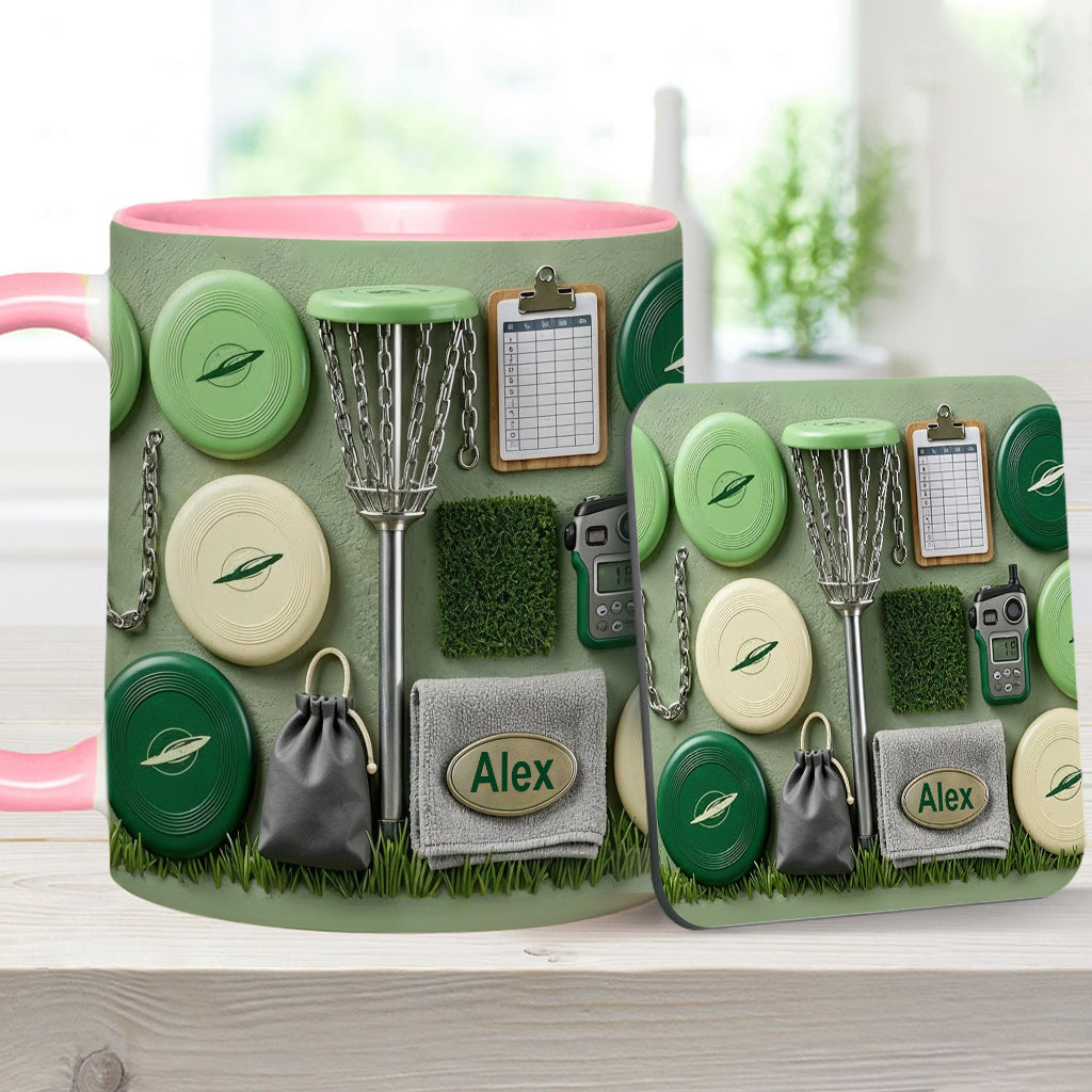 J'adore le disc golf ! Mug et sous-verre personnalisés sur le thème du disc golf