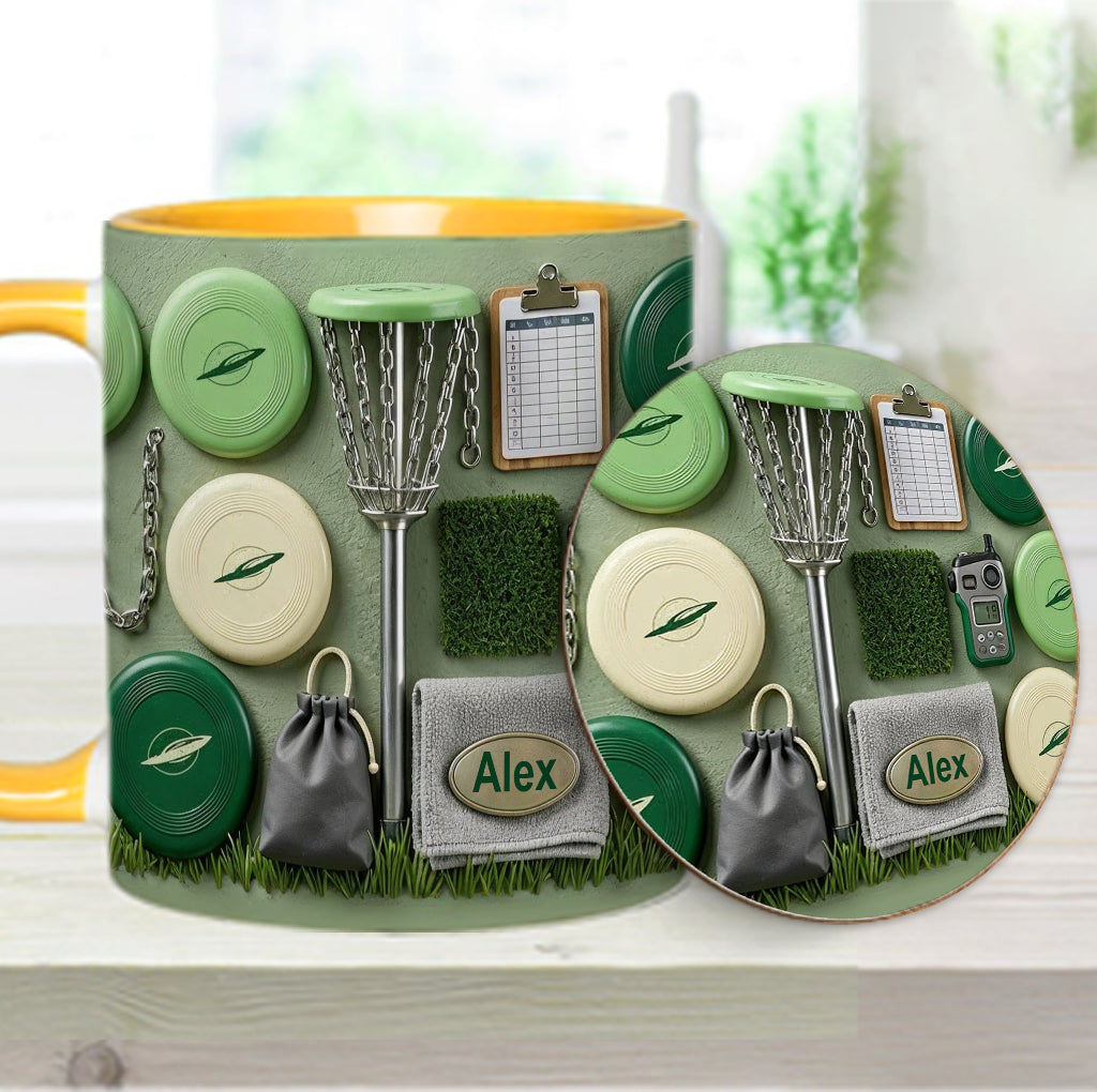 J'adore le disc golf ! Mug et sous-verre personnalisés sur le thème du disc golf