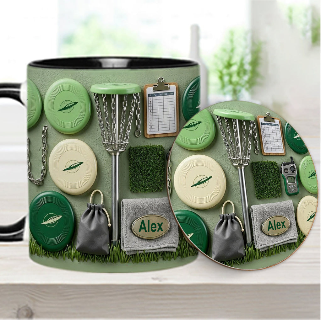 J'adore le disc golf ! Mug et sous-verre personnalisés sur le thème du disc golf