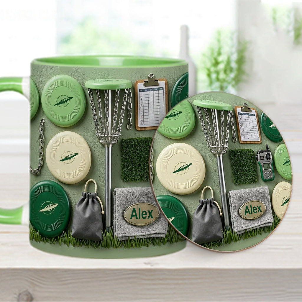 J'adore le disc golf ! Mug et sous-verre personnalisés sur le thème du disc golf