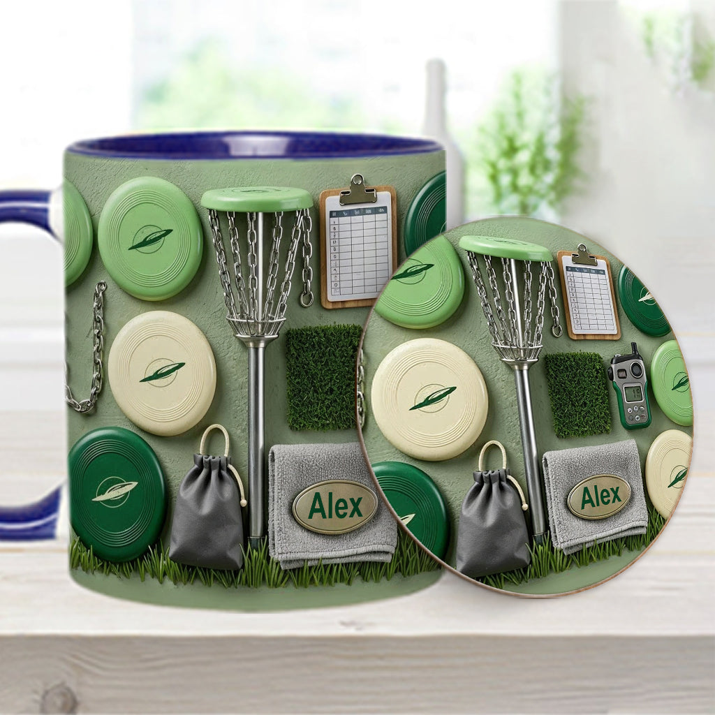 J'adore le disc golf ! Mug et sous-verre personnalisés sur le thème du disc golf