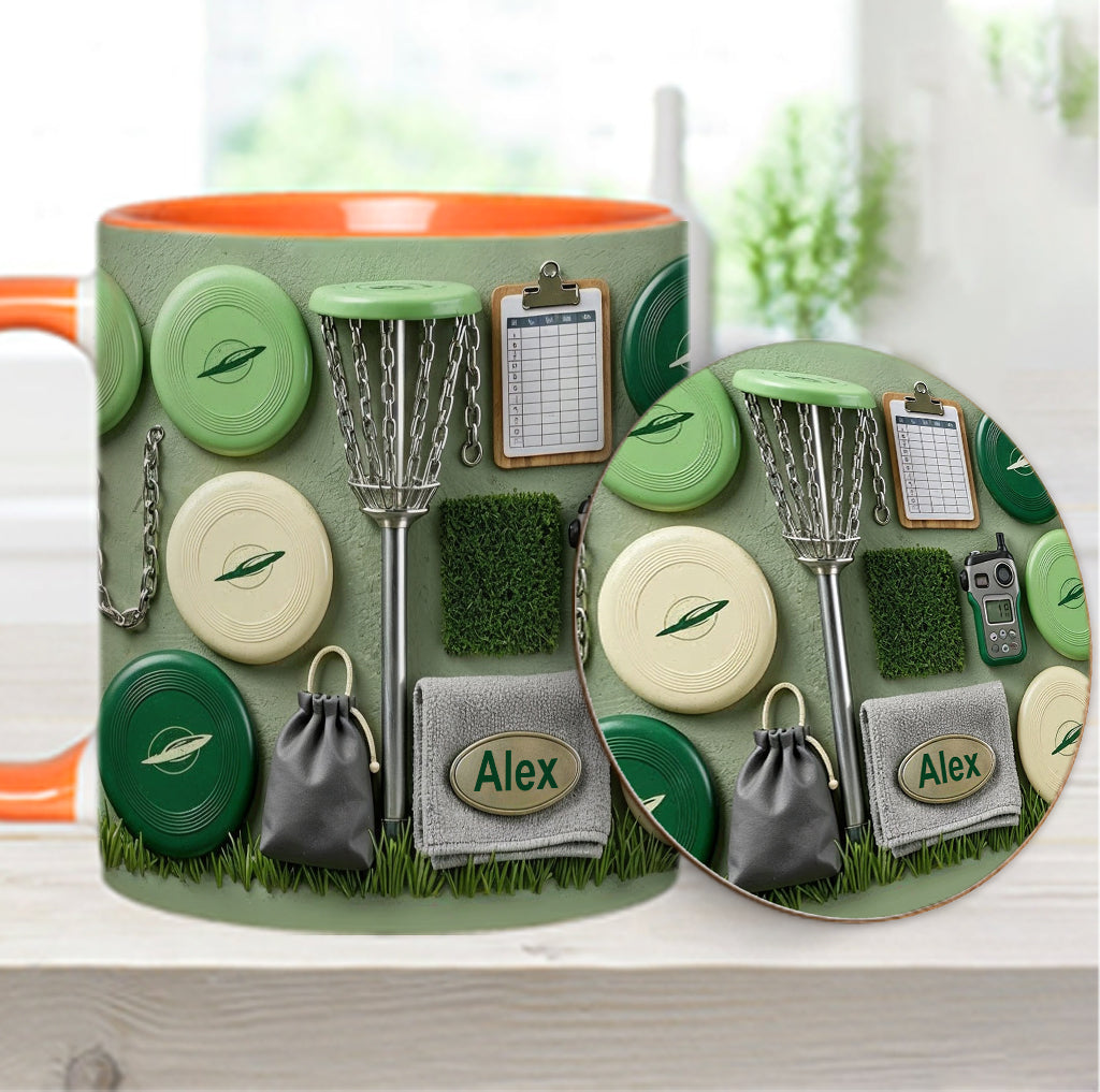 J'adore le disc golf ! Mug et sous-verre personnalisés sur le thème du disc golf