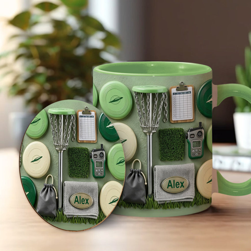 J'adore le disc golf ! Mug et sous-verre personnalisés sur le thème du disc golf