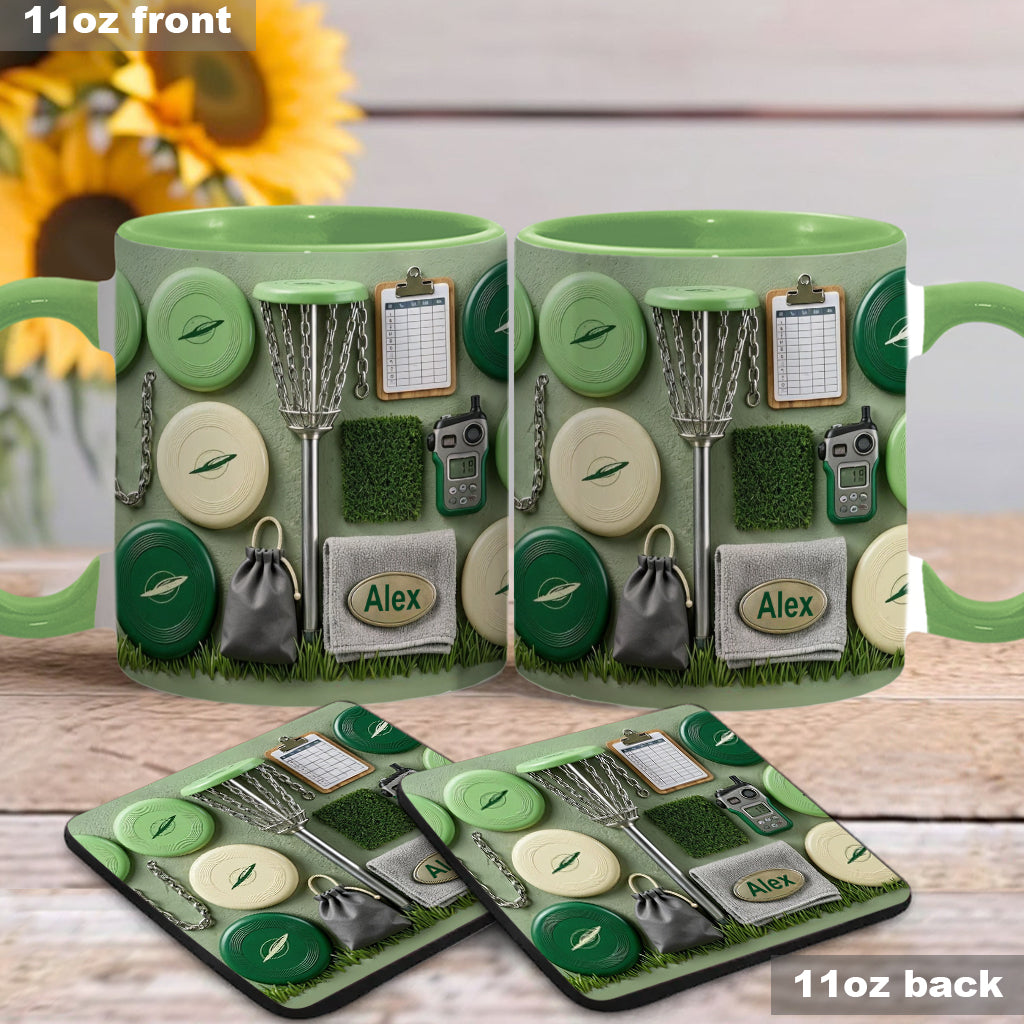 J'adore le disc golf ! Mug et sous-verre personnalisés sur le thème du disc golf