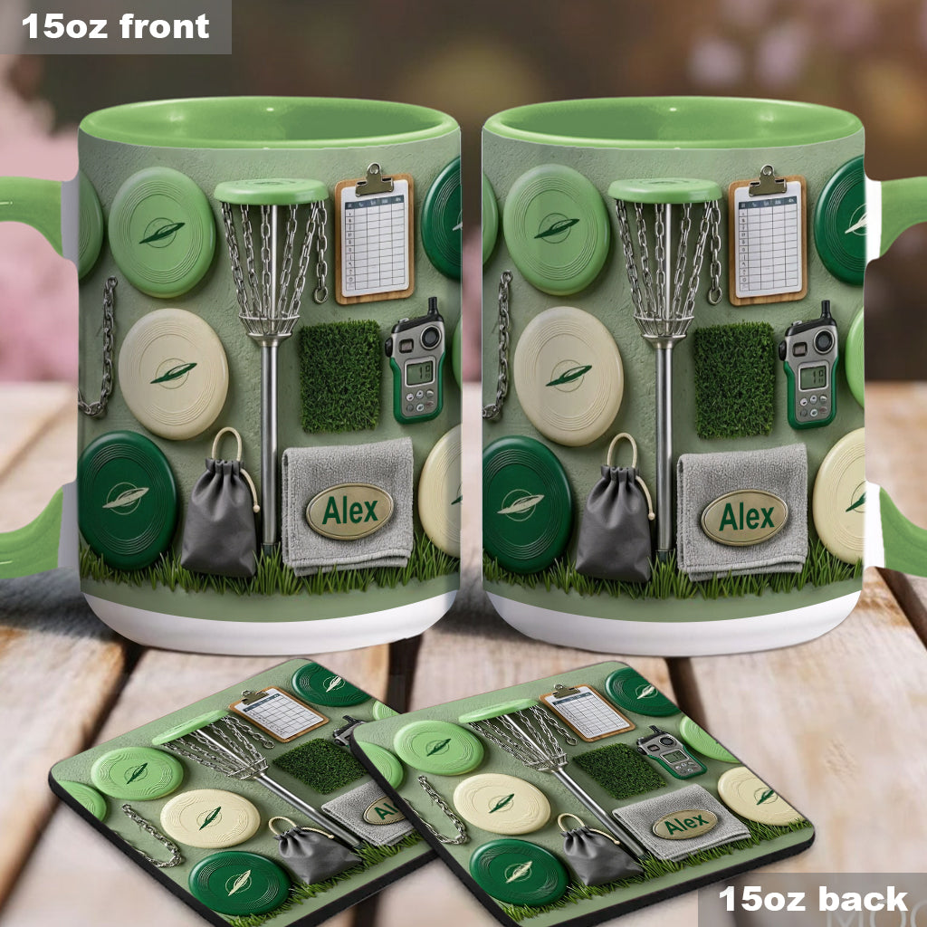 J'adore le disc golf ! Mug et sous-verre personnalisés sur le thème du disc golf