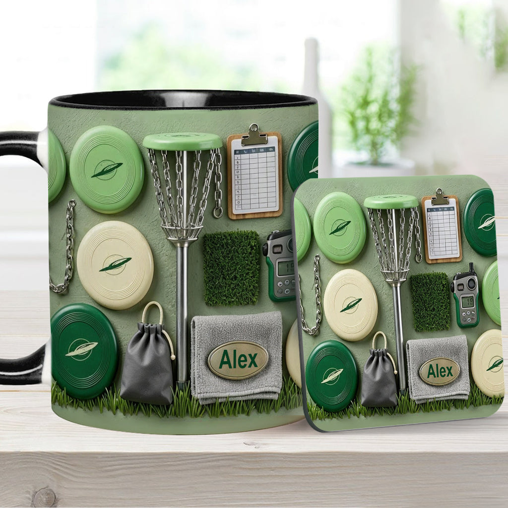 J'adore le disc golf ! Mug et sous-verre personnalisés sur le thème du disc golf