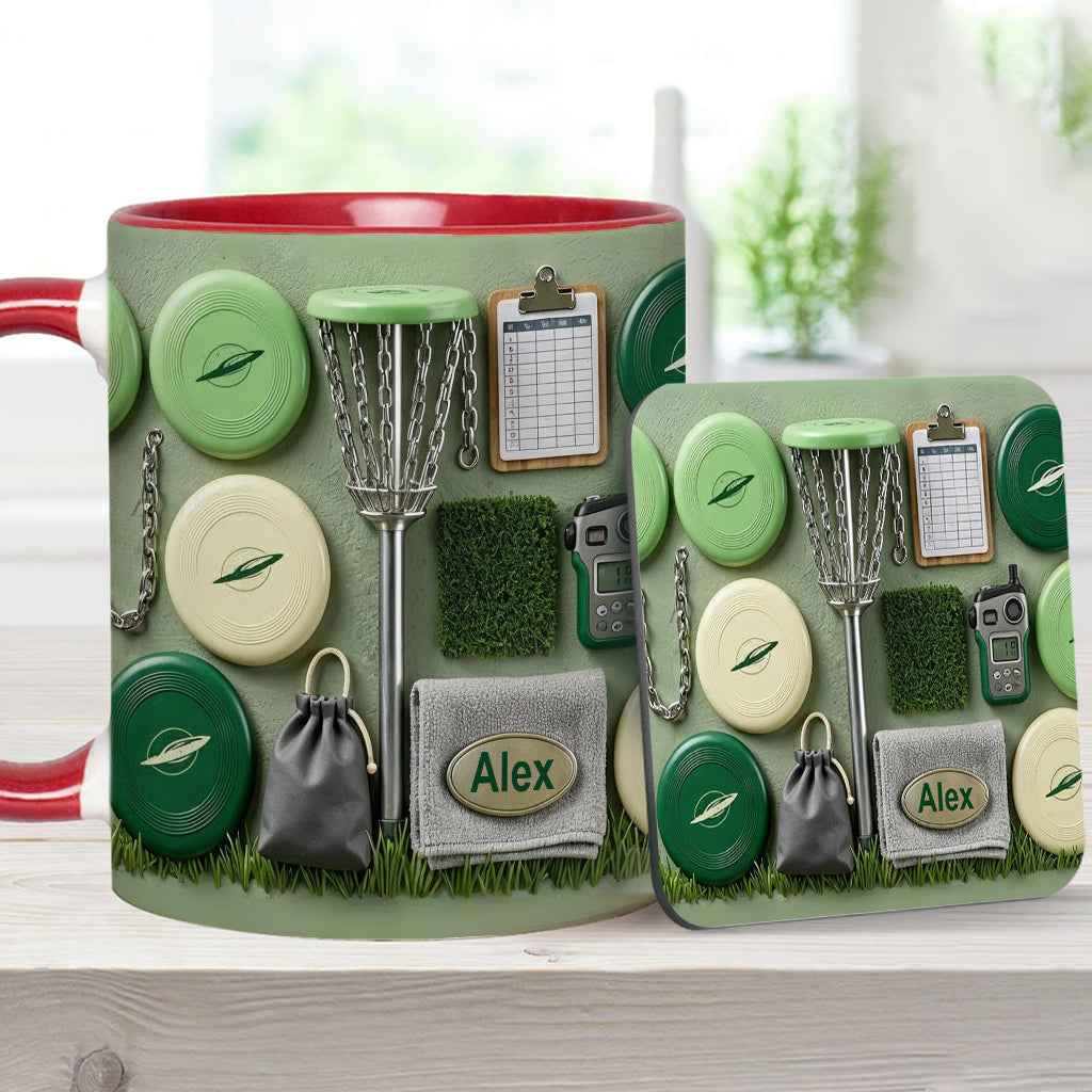 J'adore le disc golf ! Mug et sous-verre personnalisés sur le thème du disc golf
