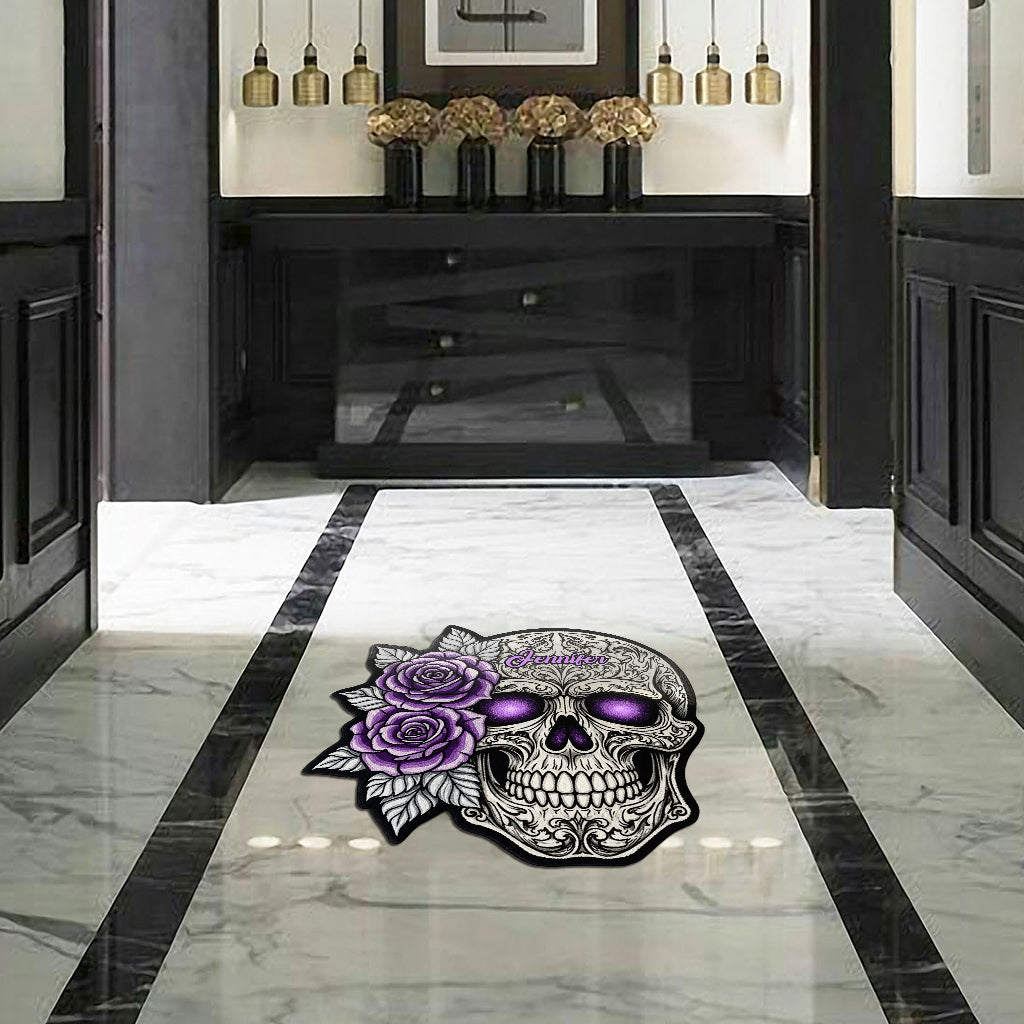 Tapis de porte/paillasson personnalisé en forme de crâne et de roses - Motif crâne et roses