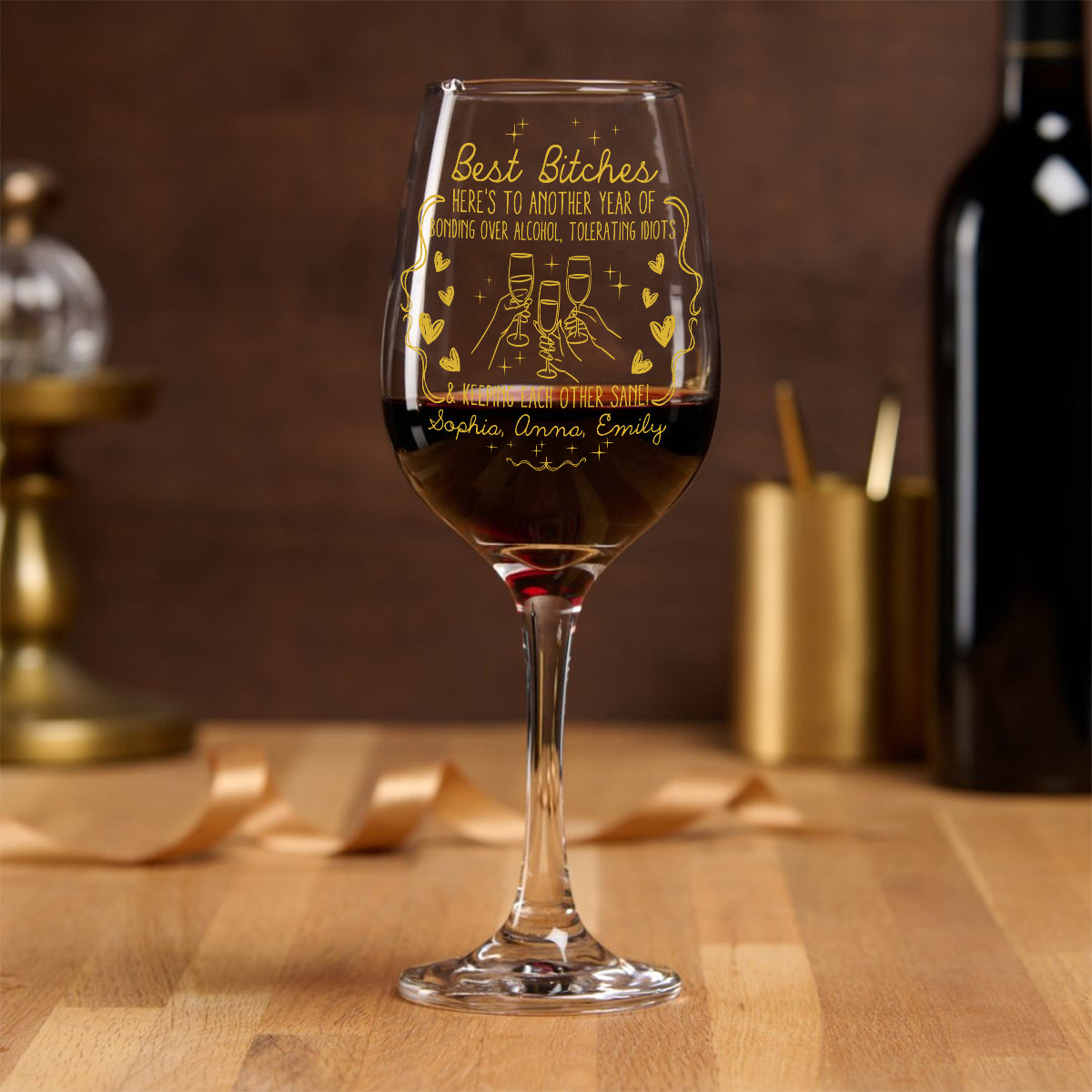 Here's To Another Year - Personalized Bestie Wine Glass With Long Stem