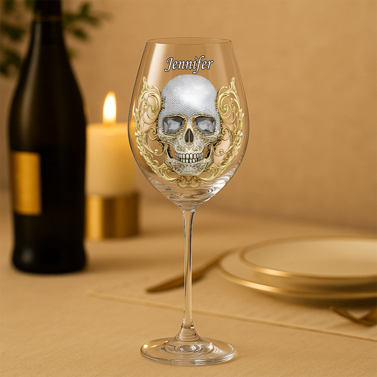 Verre à vin personnalisé en forme de crâne avec longue tige - Art haut de gamme en forme de crâne