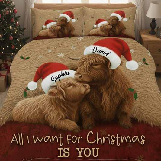 Tout ce que je veux pour Noël, c'est toi - Ensemble de courtepointe personnalisé avec une vache des Highlands