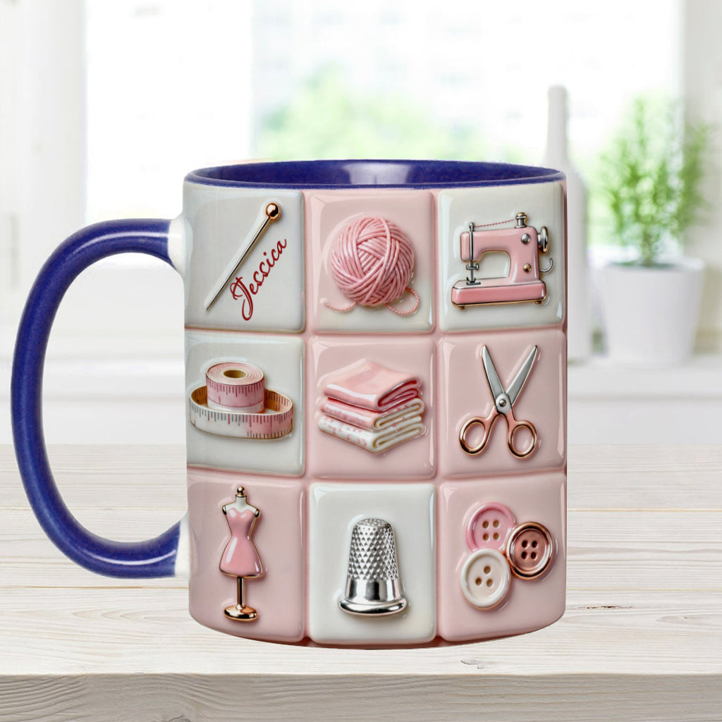Mug rose personnalisé « Love Sewing » - Thème couture