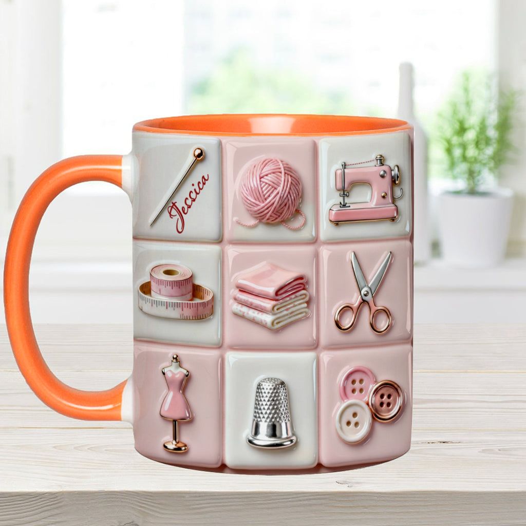 Mug rose personnalisé « Love Sewing » - Thème couture