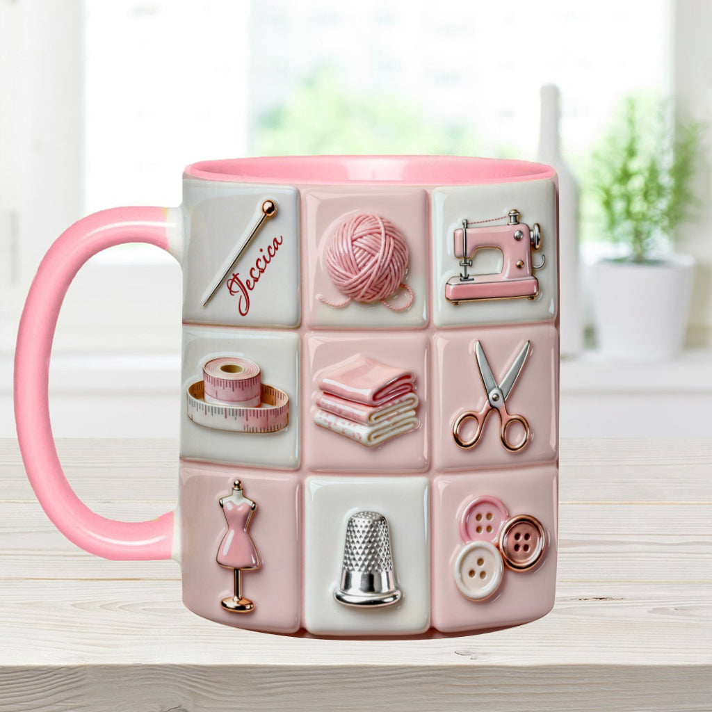 Mug rose personnalisé « Love Sewing » - Thème couture