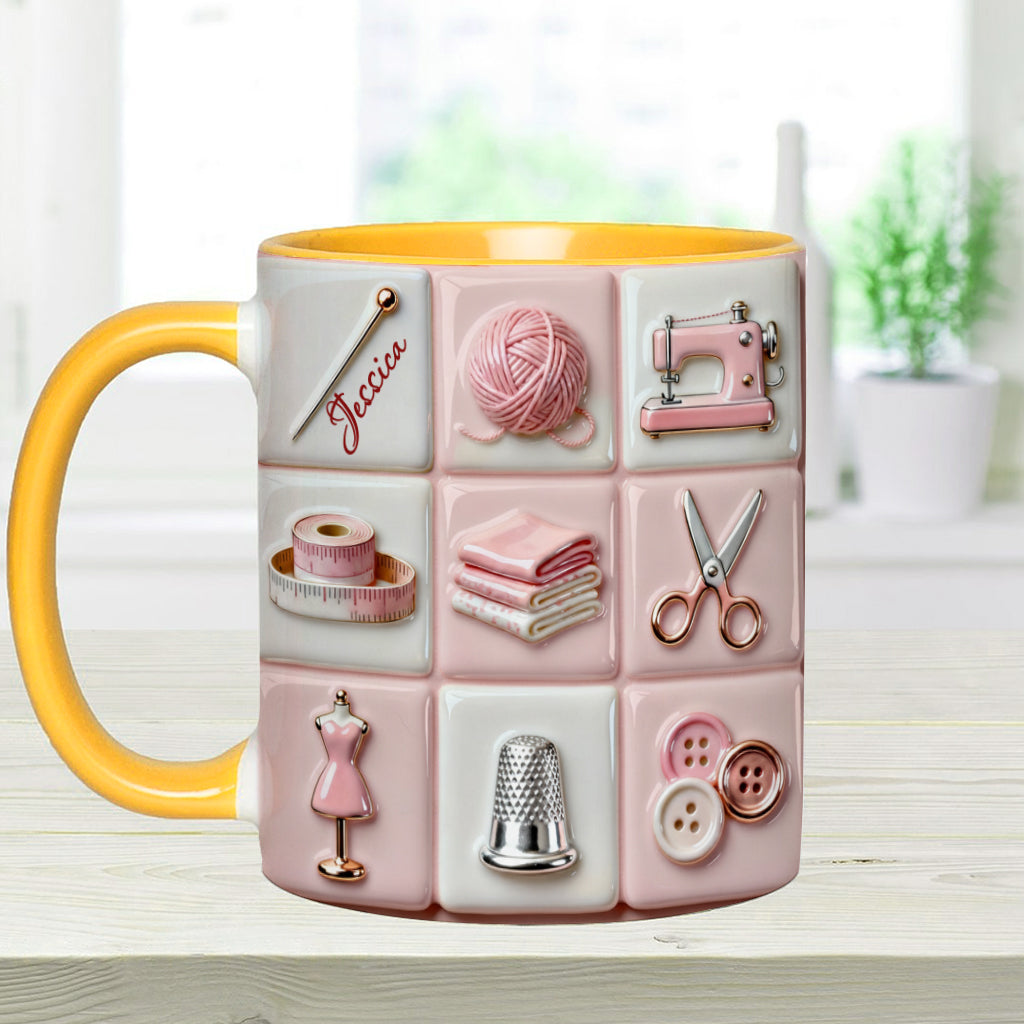Mug rose personnalisé « Love Sewing » - Thème couture