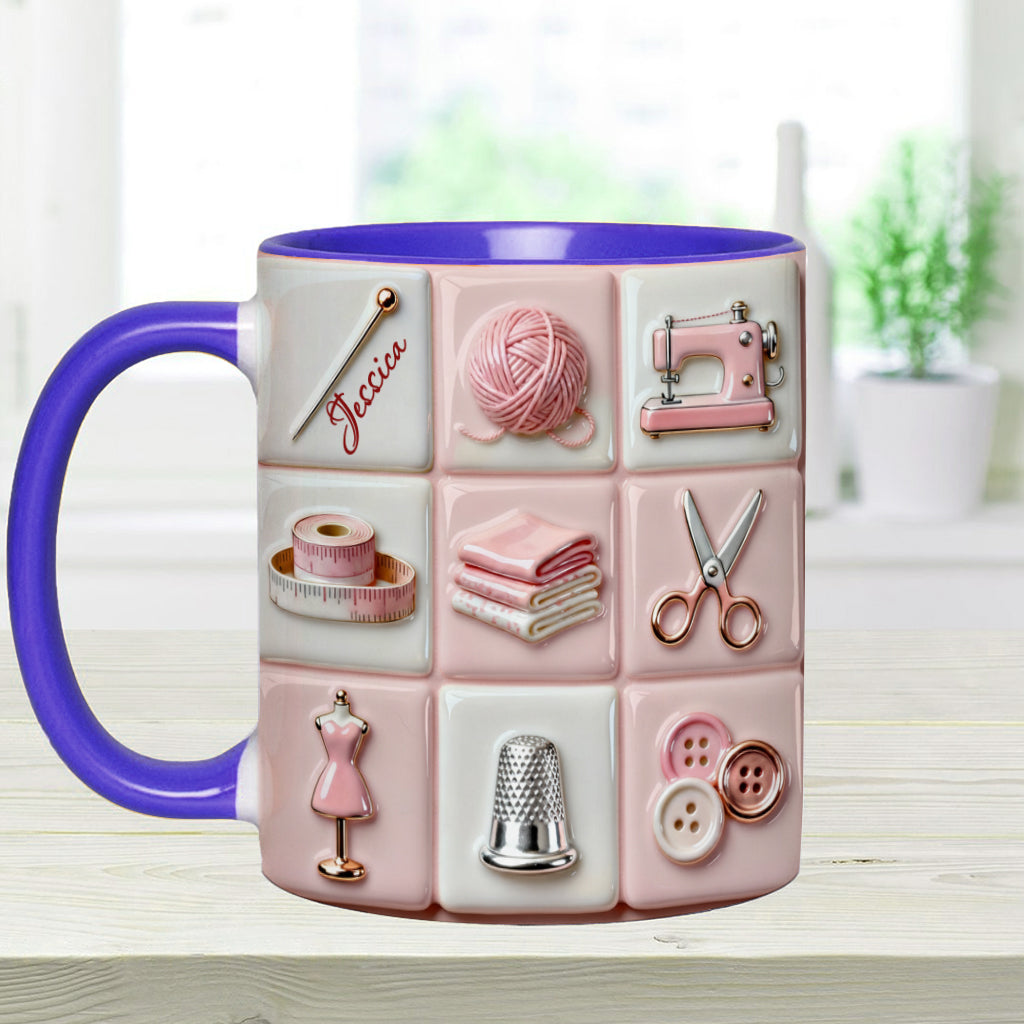 Mug rose personnalisé « Love Sewing » - Thème couture