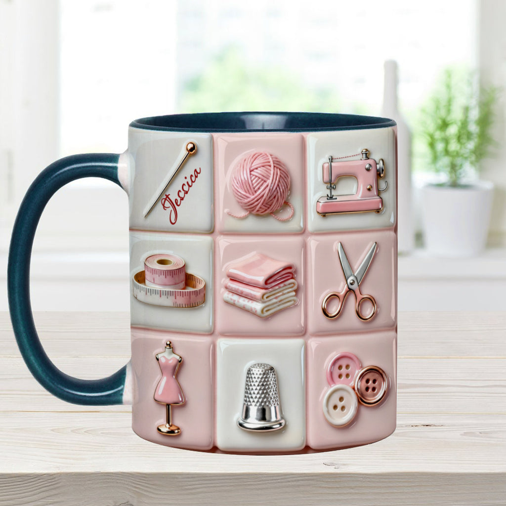 Mug rose personnalisé « Love Sewing » - Thème couture