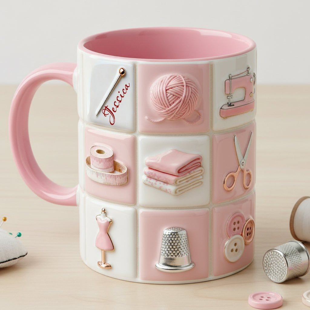Mug rose personnalisé « Love Sewing » - Thème couture
