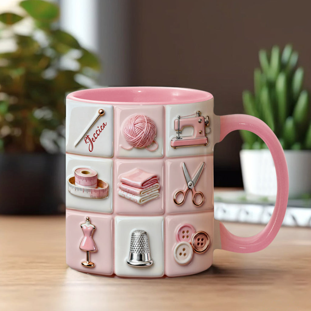Mug rose personnalisé « Love Sewing » - Thème couture
