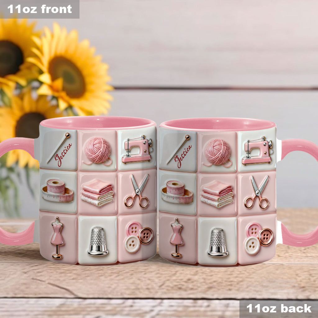 Mug rose personnalisé « Love Sewing » - Thème couture