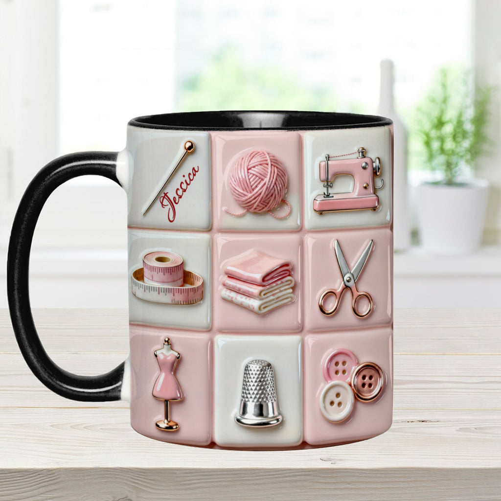 Mug rose personnalisé « Love Sewing » - Thème couture