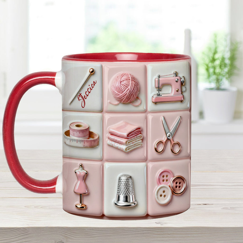 Mug rose personnalisé « Love Sewing » - Thème couture