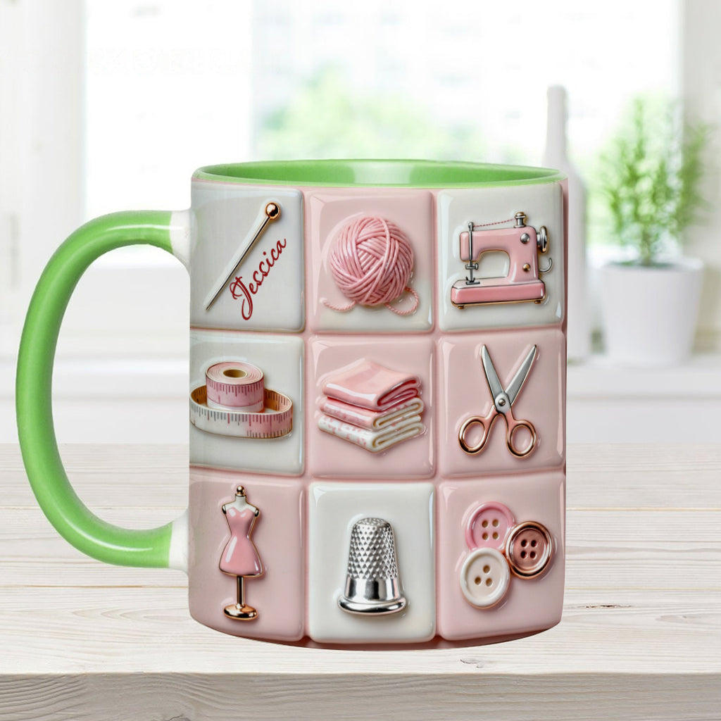 Mug rose personnalisé « Love Sewing » - Thème couture
