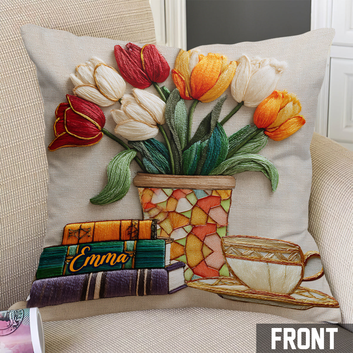 Coussin décoratif personnalisé en forme de livre et de fleurs