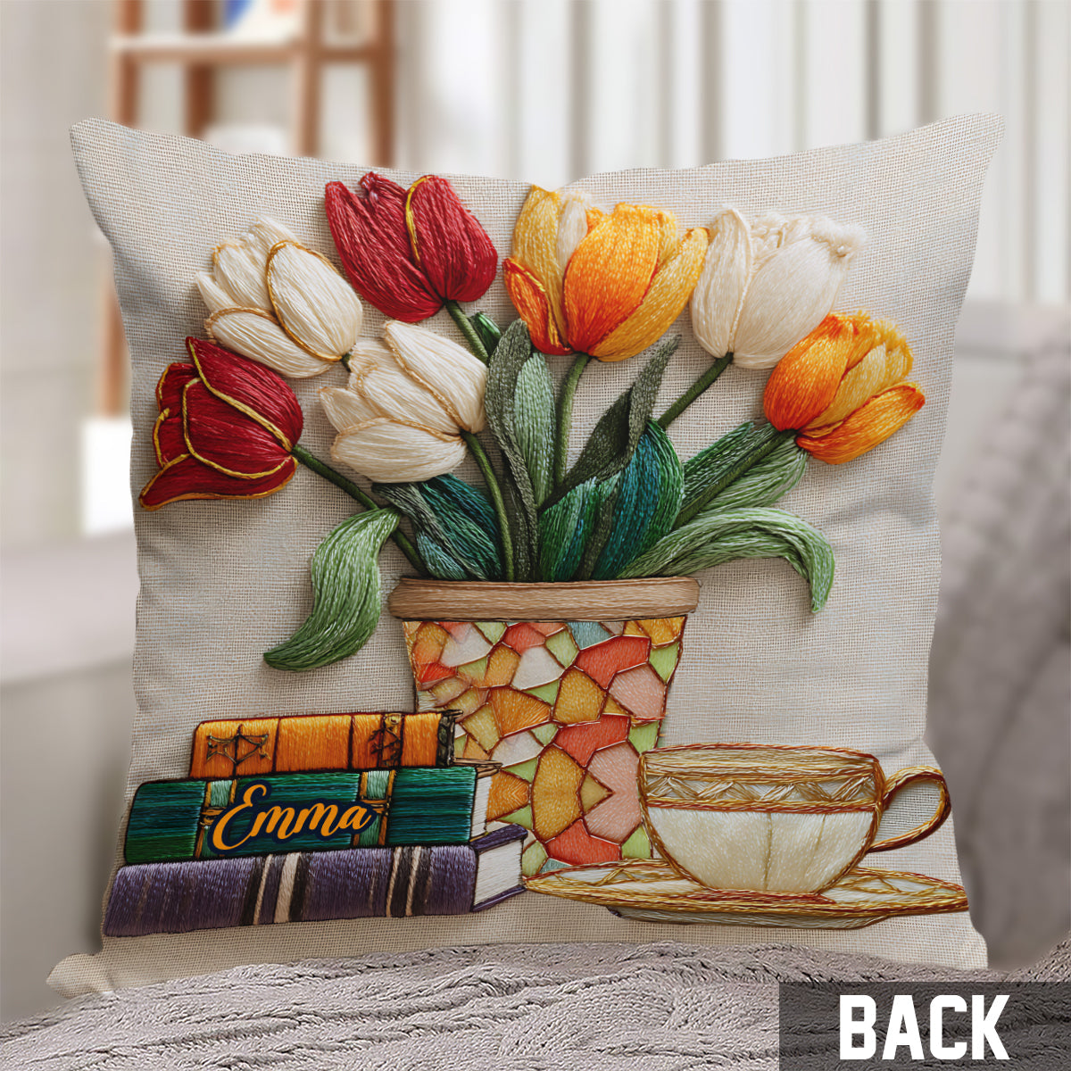 Coussin décoratif personnalisé en forme de livre et de fleurs