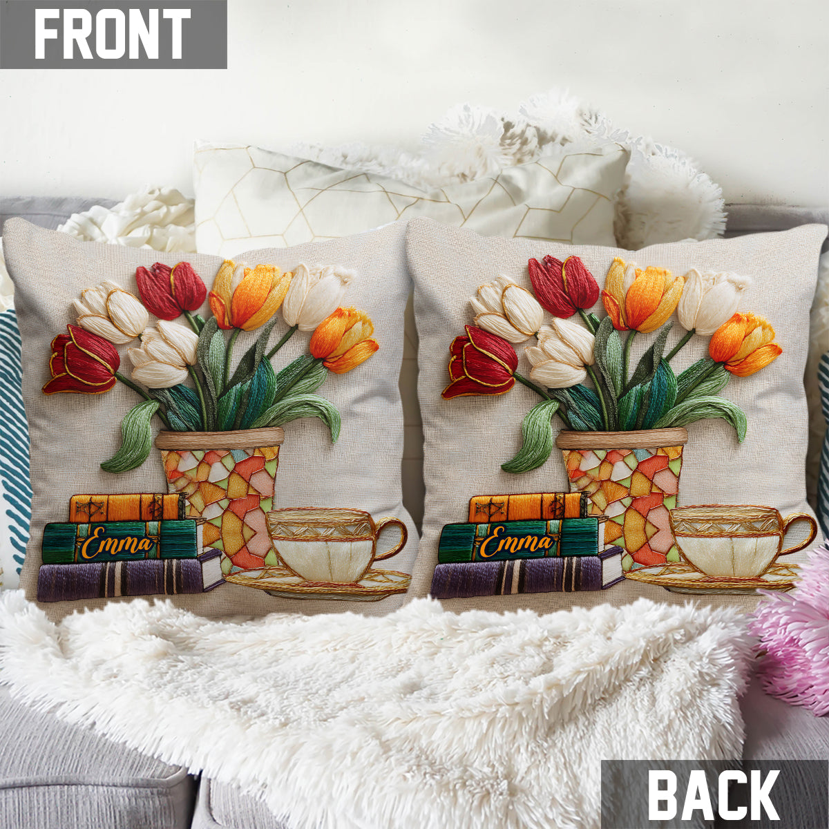 Coussin décoratif personnalisé en forme de livre et de fleurs
