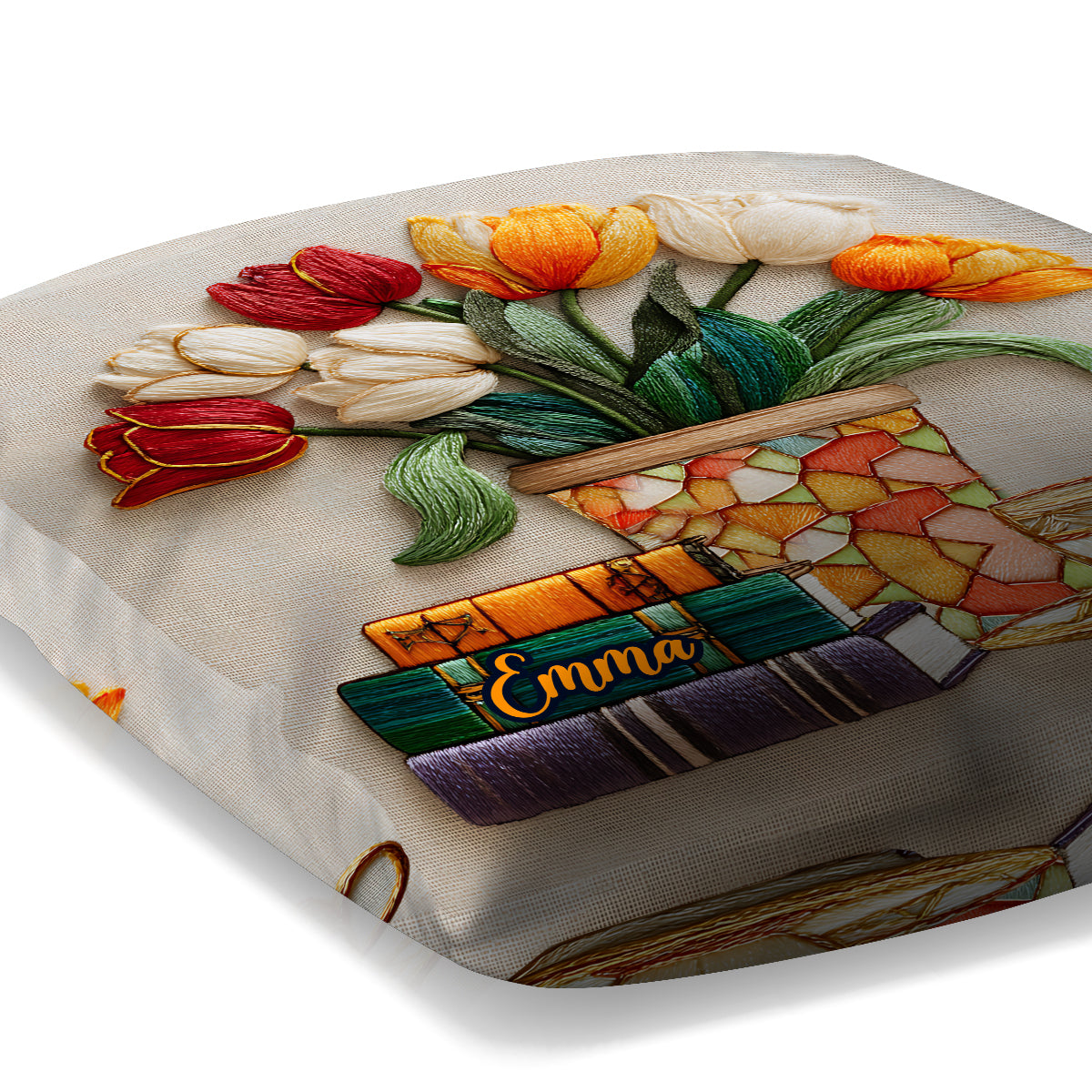 Coussin décoratif personnalisé en forme de livre et de fleurs