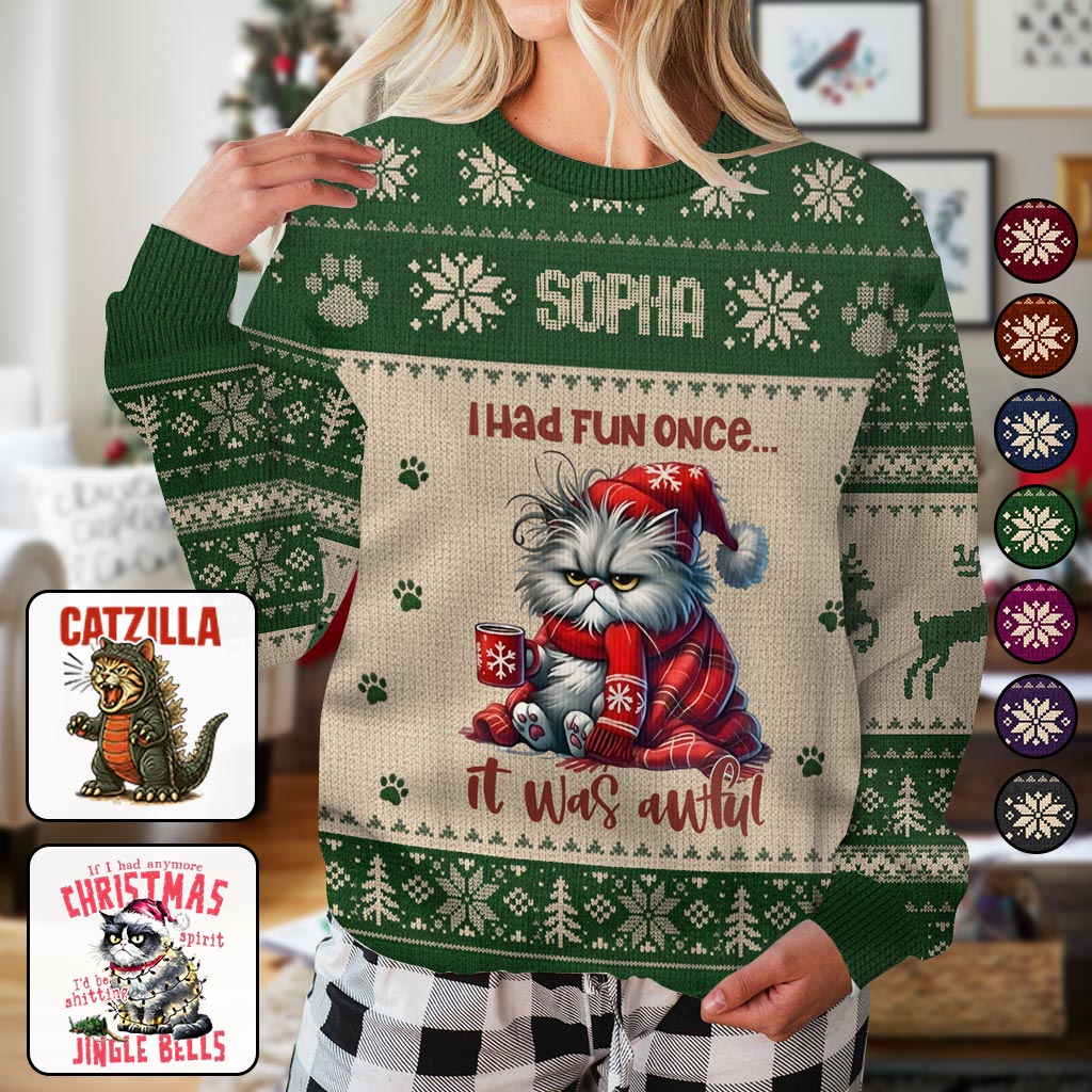 Noël avec un chat sarcastique - Pull moche personnalisé pour chat
